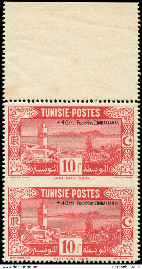 ** TUNISIE 268 : +40 Sur 10f. Rouge, PAIRE Verticale Bdf, Timbres Dentelés 3 Côtés, TB - Other & Unclassified