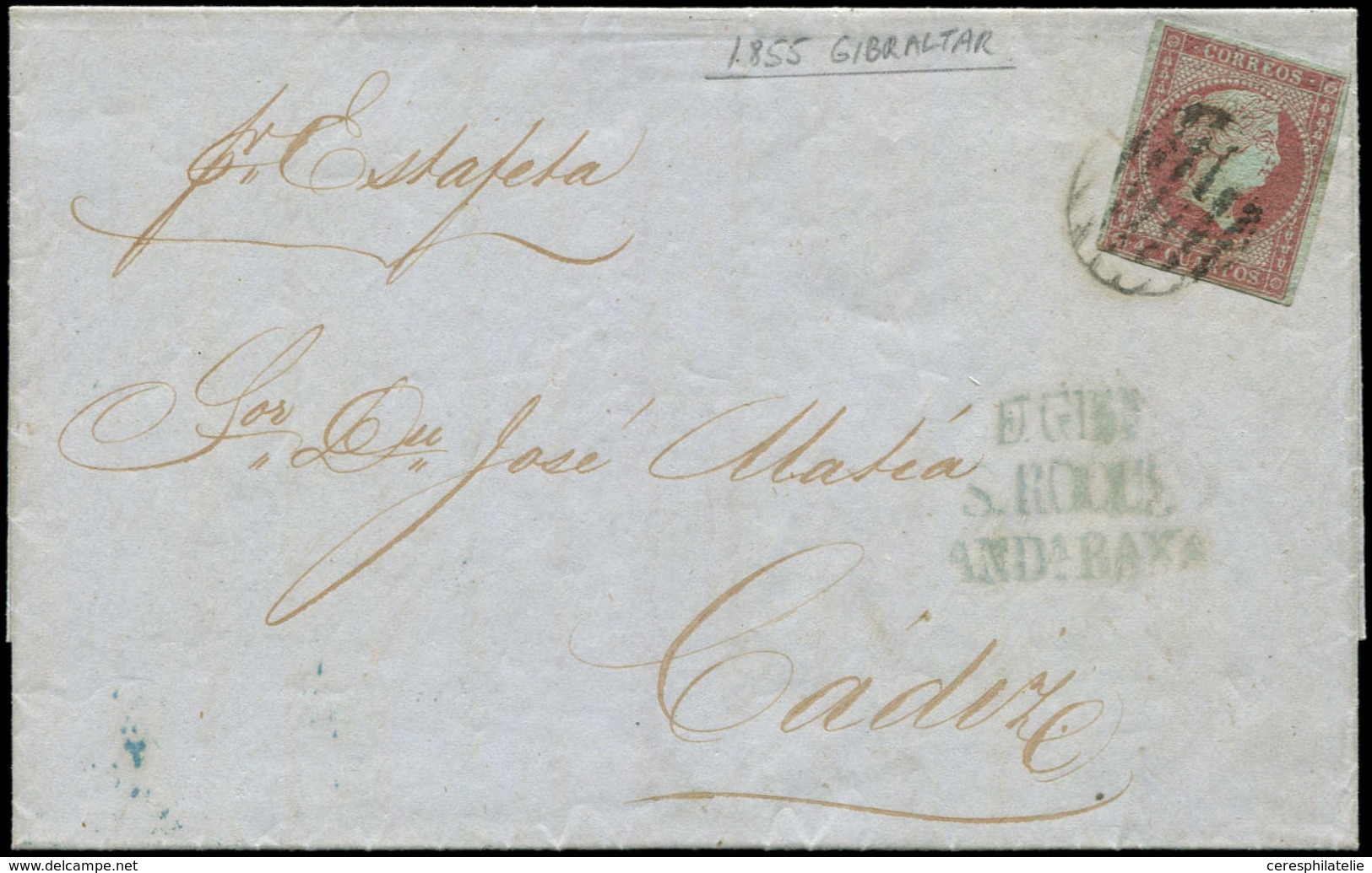 Let ESPAGNE 35 : 4c. Rouge Terne Obl. Sur LAC De GIBRALTAR De 1855, Arr. CADIZ, TB - Lettres & Documents