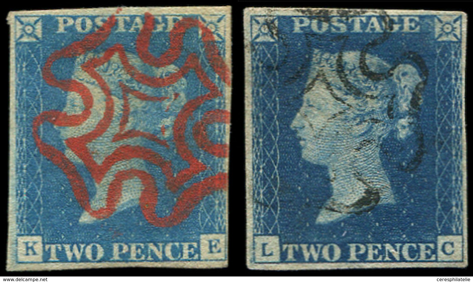 GRANDE BRETAGNE 2 : 2p. Bleu, 2 Nuances Obl. Rosette Noire Et Rouge, TB - Used Stamps