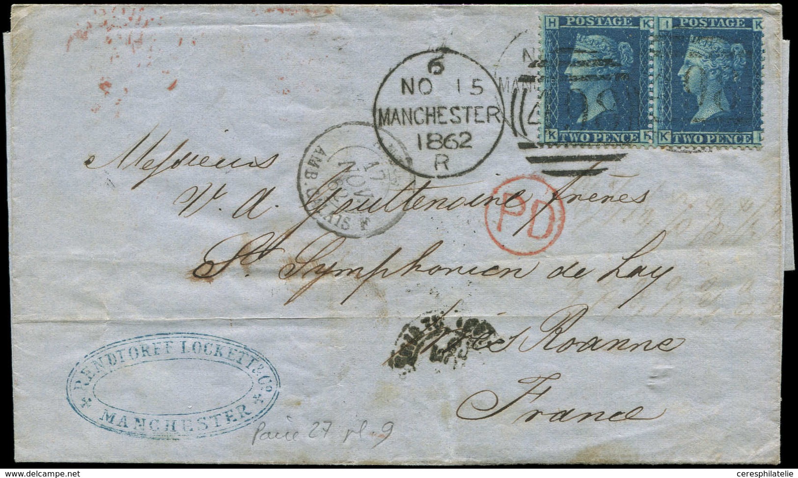 Let GRANDE BRETAGNE 27 : 2p. Bleu, PAIRE Obl. Manchester 15/11/62 Sur LAC Pour Roanne, TB - Used Stamps