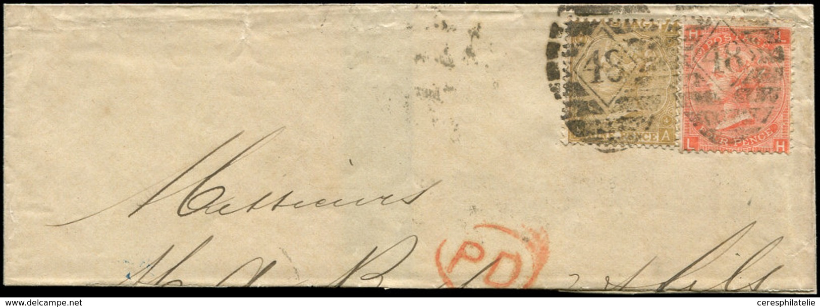 Let GRANDE BRETAGNE 30 Et 32 : 9p. Jaune-bistre Et 4p. Rouge-orange, Obl. 48 S. Partie De LAC Pour Livourne, 1867, TB - Used Stamps