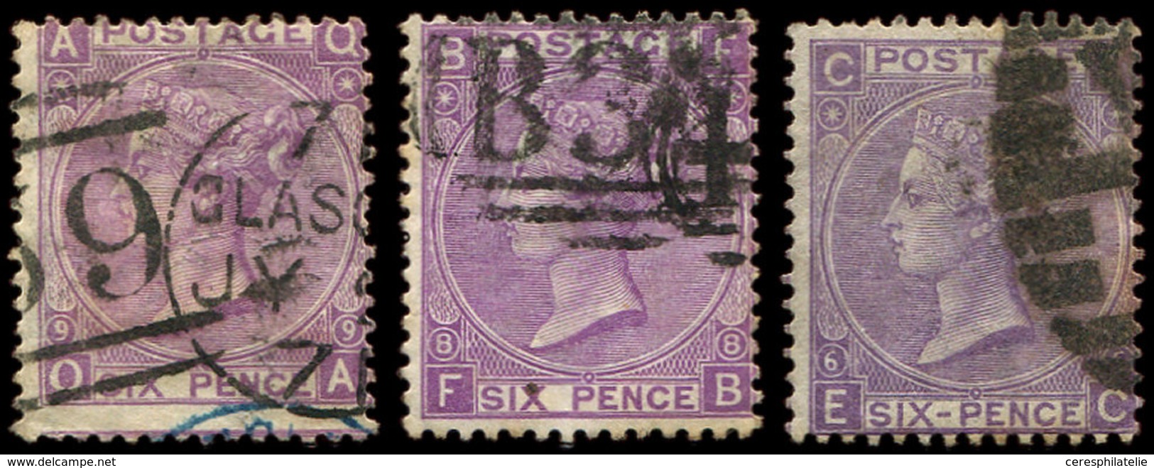 GRANDE BRETAGNE 34 : 6p. Violet, 3 Ex. Obl., Planches 6, 8 Et 9, TB - Used Stamps