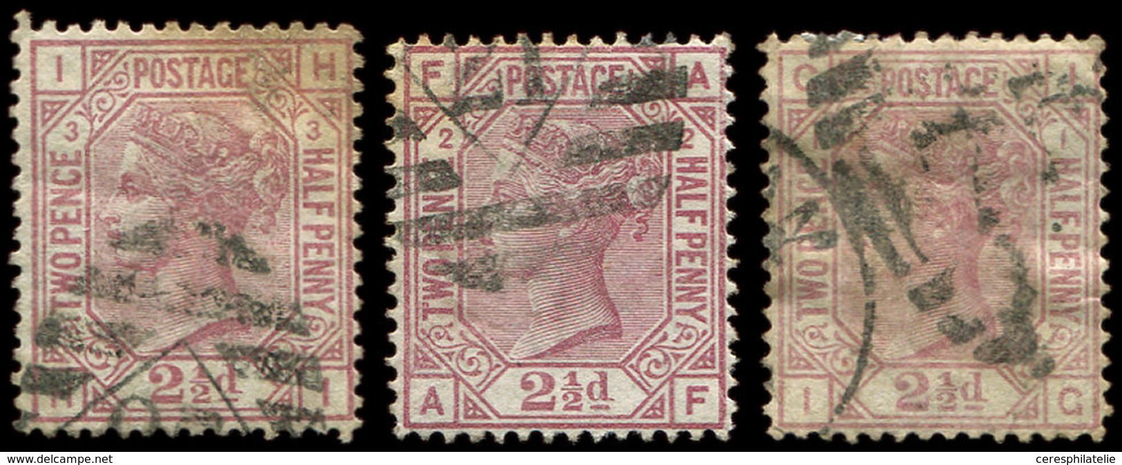 GRANDE BRETAGNE 55 : 2 1/2d. Rose Carminé, 3 Ex. Obl., Pl. 1 à 3, TB - Used Stamps