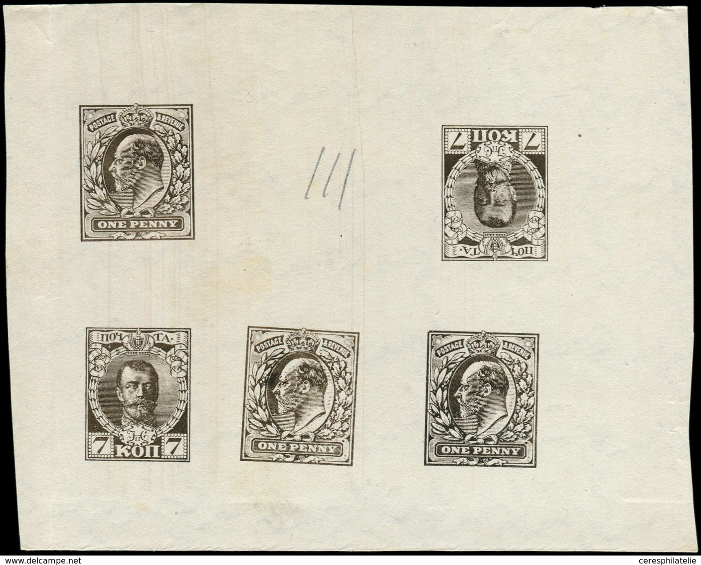 GRANDE BRETAGNE Essai ECKERLIN 1924 Sur Papier Filigrané, 3 Ex. Du 1p. Edouard VII De 1902, 2 Ex. Du 7k. De Russie De 19 - Gebraucht