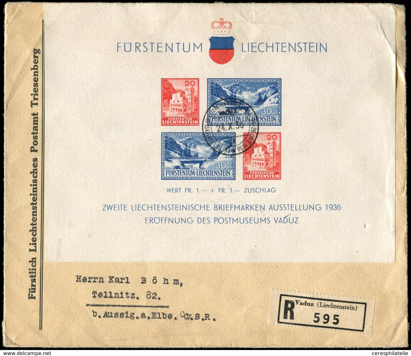 Let LIECHTENSTEIN BF 2 Obl. Càd De L'Expo 24/10/36 S. Env. Rec., B/TB - Blocs & Feuillets