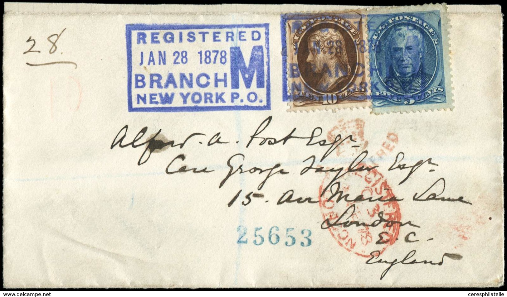 Let ETATS-UNIS 55B Et 59 : 5c. Bleu Et 10c. Brun Obl. Registered JAN 28 1878/BRANCH/NEW-YORK P.O Sur Env., Arr. Londres  - Autres & Non Classés