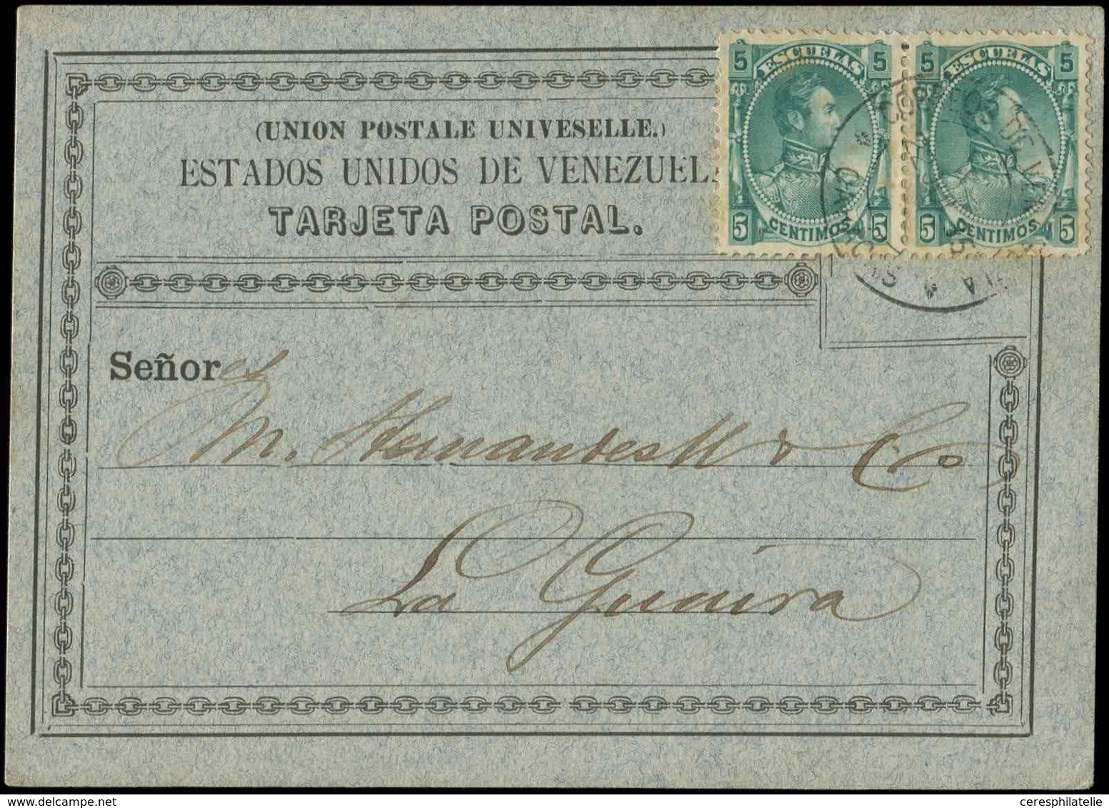 Let VENEZUELA Timbres Fiscaux Postaux 33 : 5c. Vert PAIRE, Obl. Caracas 22/7/83 Sur CP UPU, TTB - Venezuela