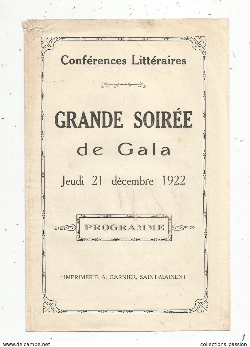 Programme,coférences Littéraires , Grande Soirée De Gala ,SAINT MAIXENT ,1922, 2 Scans , Frais Fr 1.65 E - Programma's