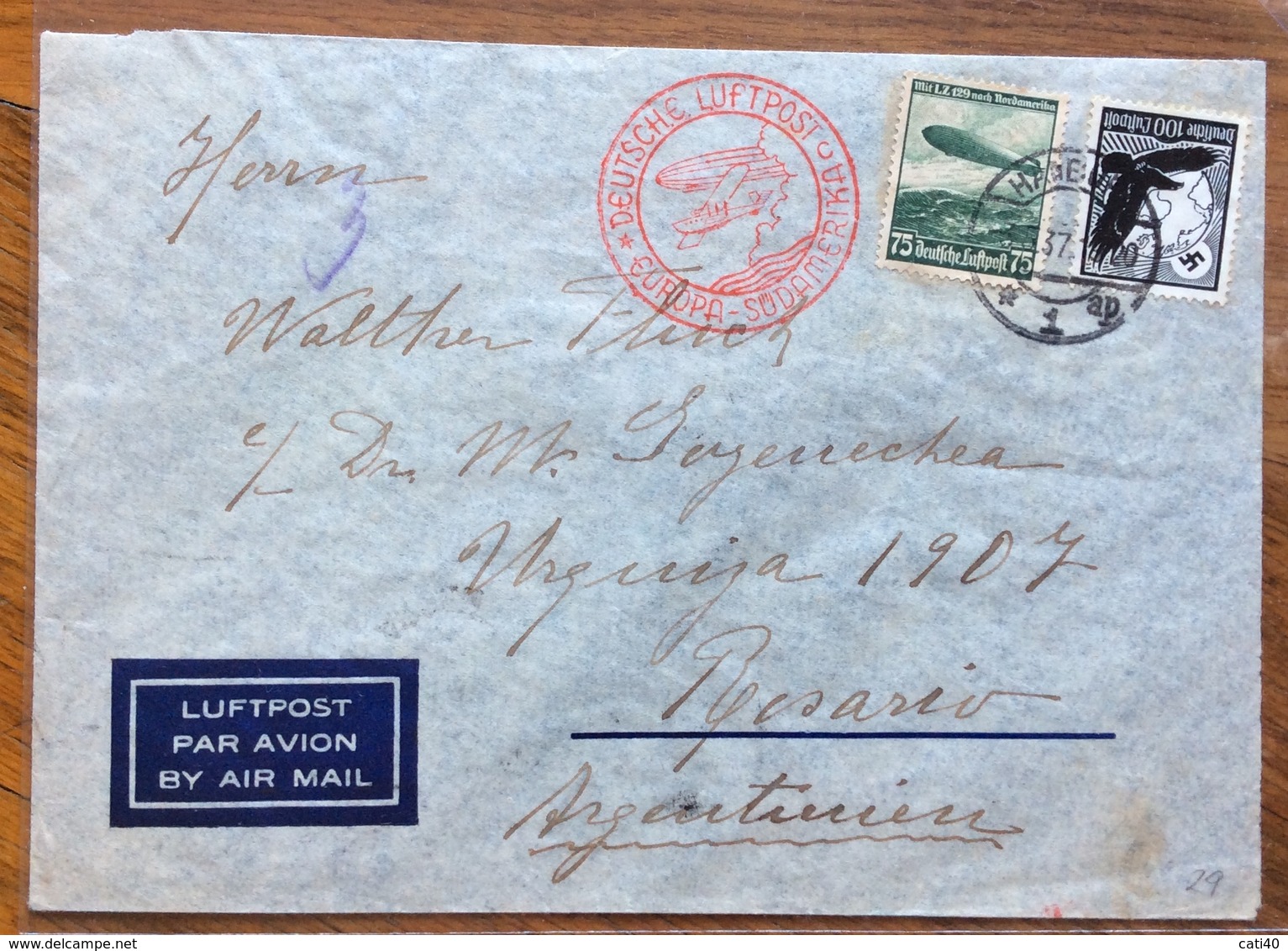 GERMANIA ARGENTINA  COVER DEUTSCHE LUFTPOST EUROPA-SUDAMERIKA 3/5/37 FROM HANNOVER TO ROSARIO - Briefe U. Dokumente