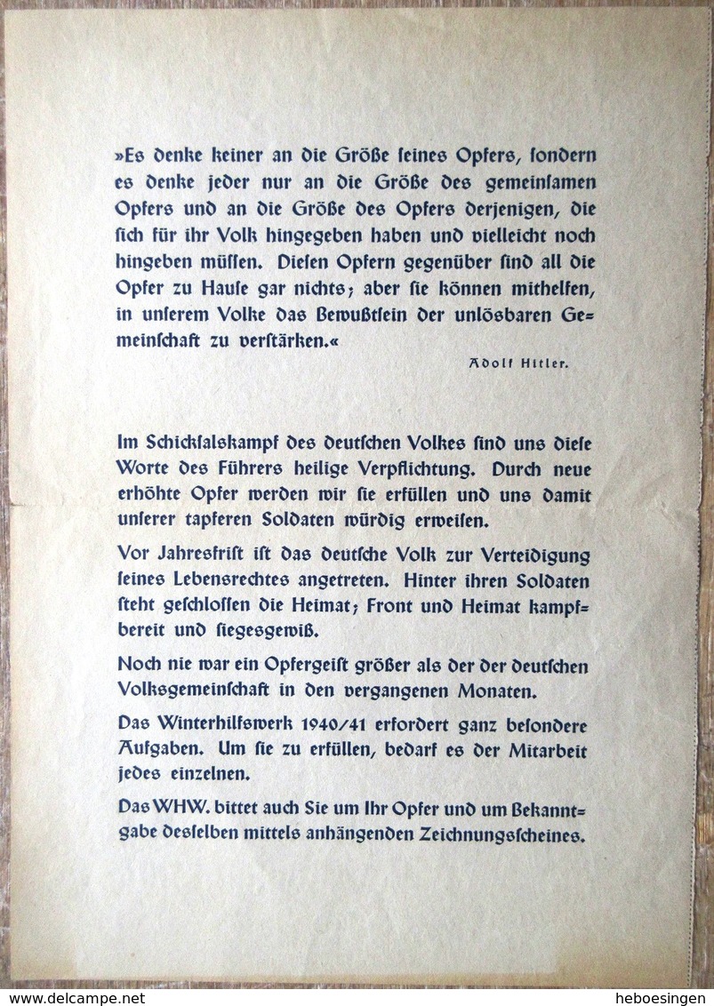 DR Werbeblatt WHW 1940 - 1941 Soldat, Adler, Hakenkreuz - Briefe U. Dokumente