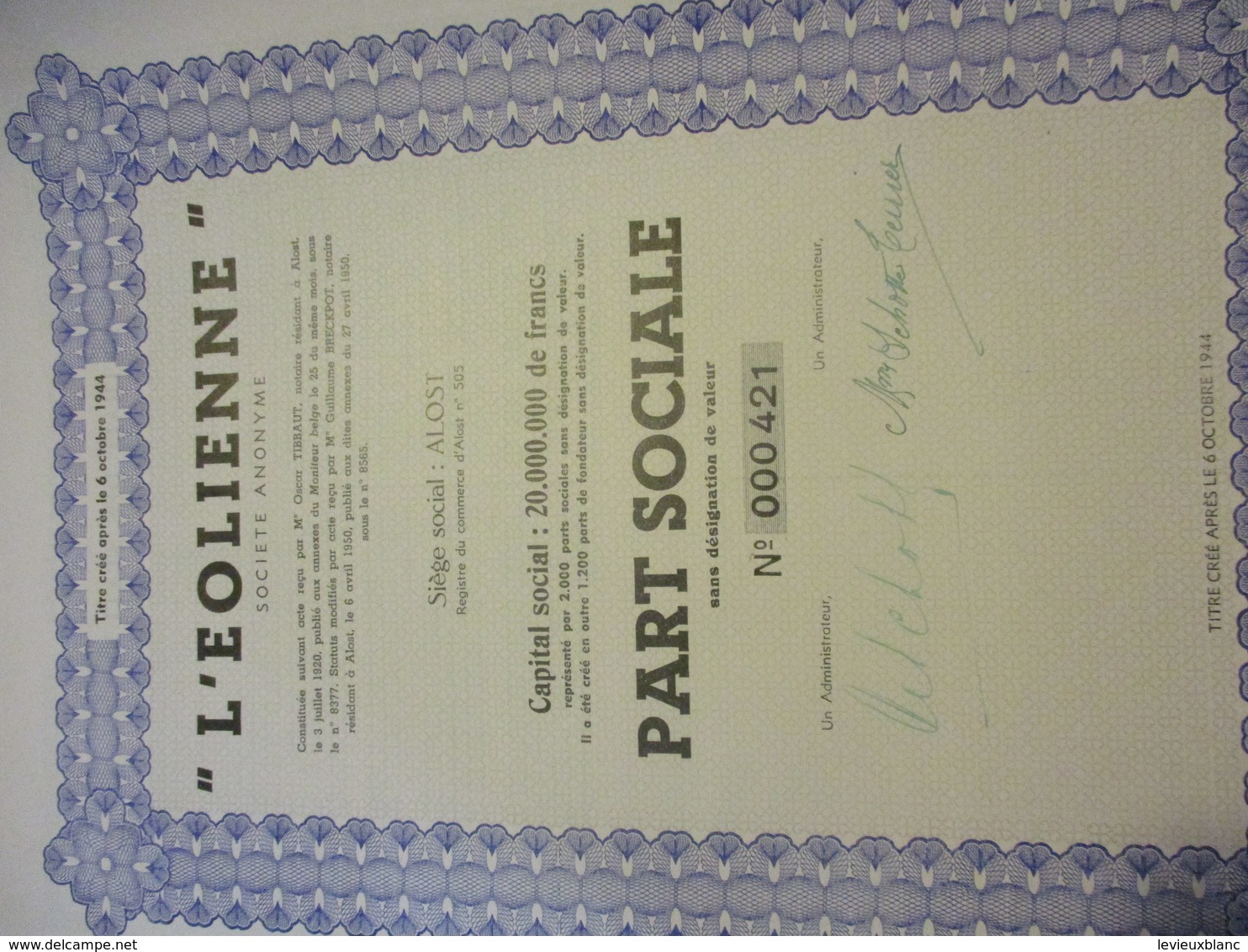 Part Sociale Sans Désignation De Valeur /L'EOLIENNE"/Imp Van Der AA/BruxellesI /ALOST/1944   ACT164 - Elettricità & Gas