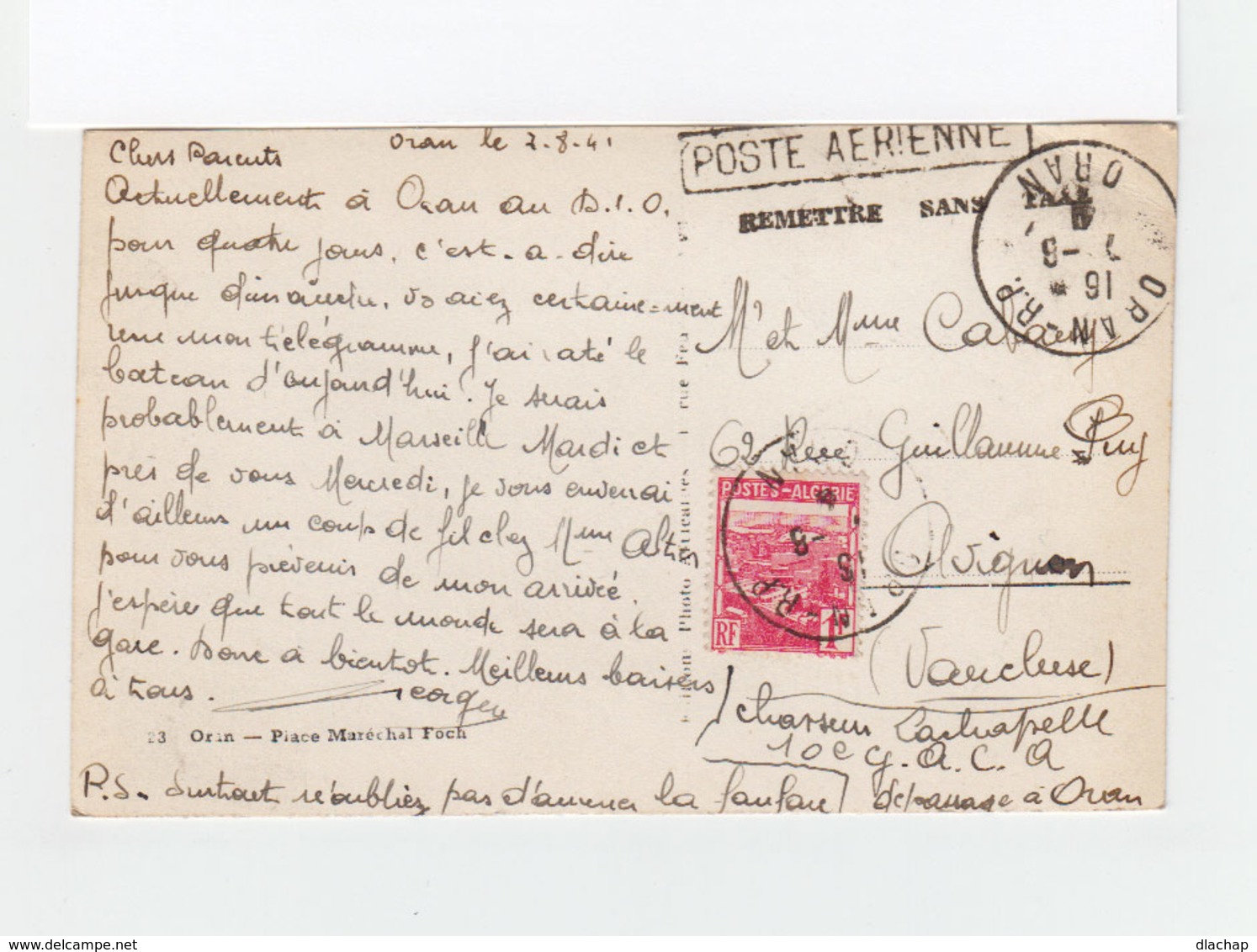 Sur Carte Postale D'Oran Timbre Vue D'Alger CAD Oran R.P. 1941. Poste Aérienne. Remettre Sans Taxe. (3213) - Lettres & Documents