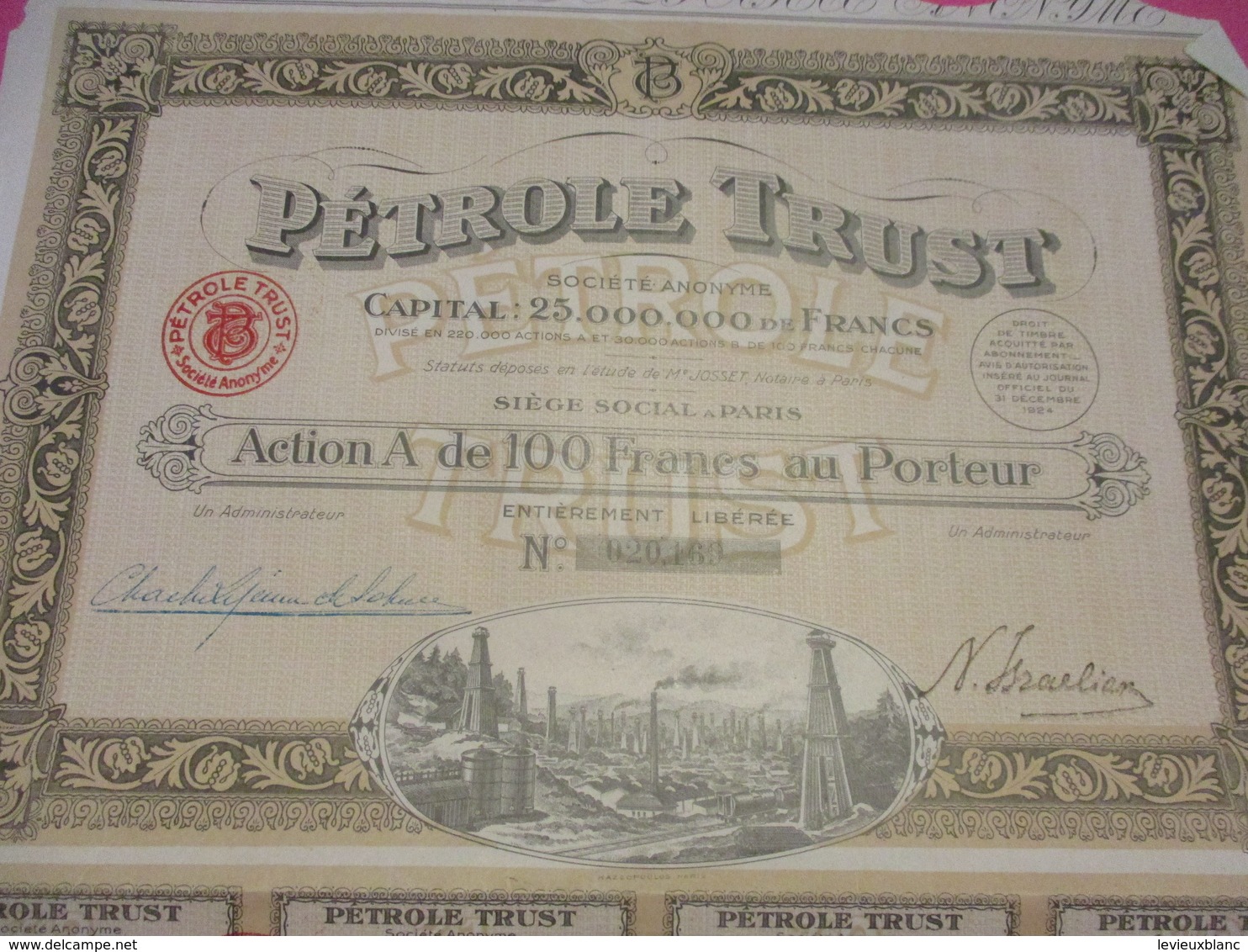 Action A De 100 Francs Au Porteur Entièrement Libérée /Pétrole TRUST /Paris/1924 ACT166 - Petróleo