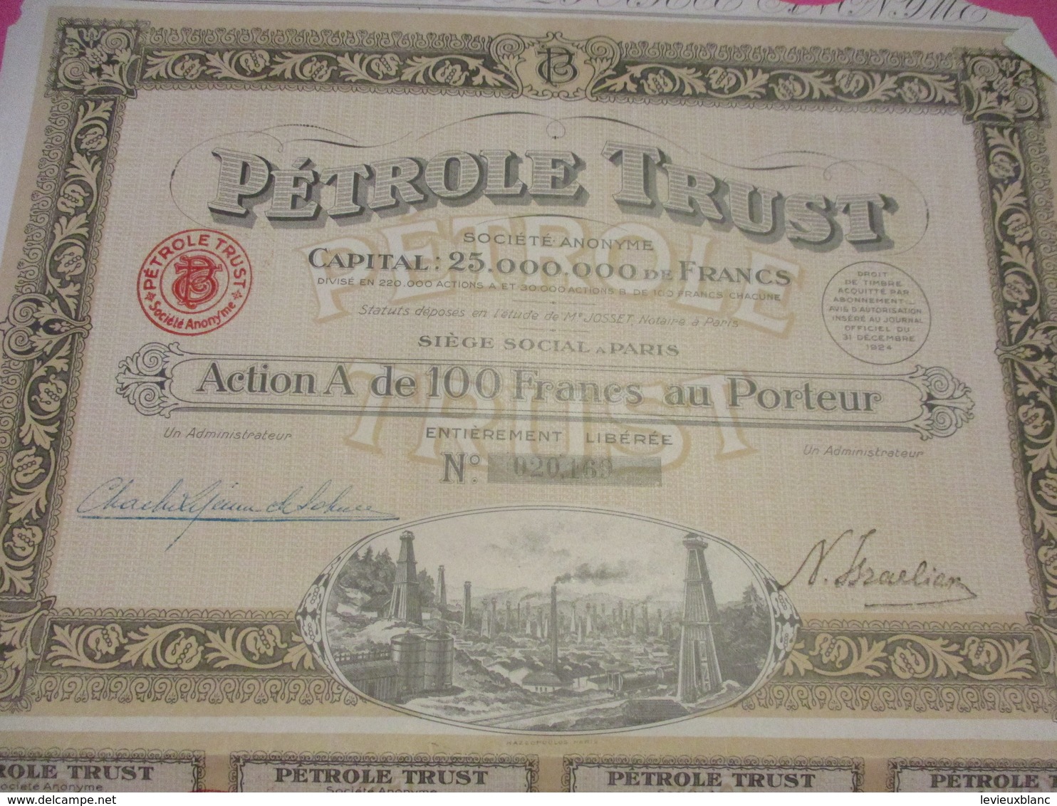 Action A De 100 Francs Au Porteur Entièrement Libérée /Pétrole TRUST /Paris/1924 ACT166 - Aardolie