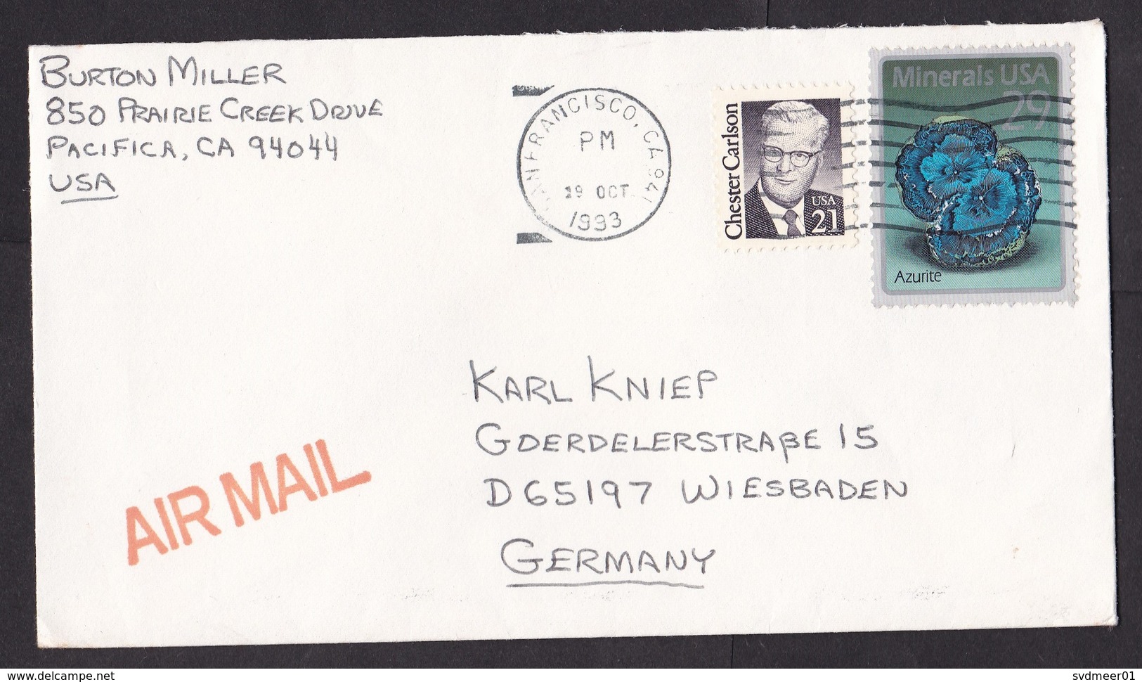 USA: Airmail Cover To Germany, 1993, 2 Stamps, Azurite Mineral, Chester Carlson (traces Of Use) - Brieven En Documenten