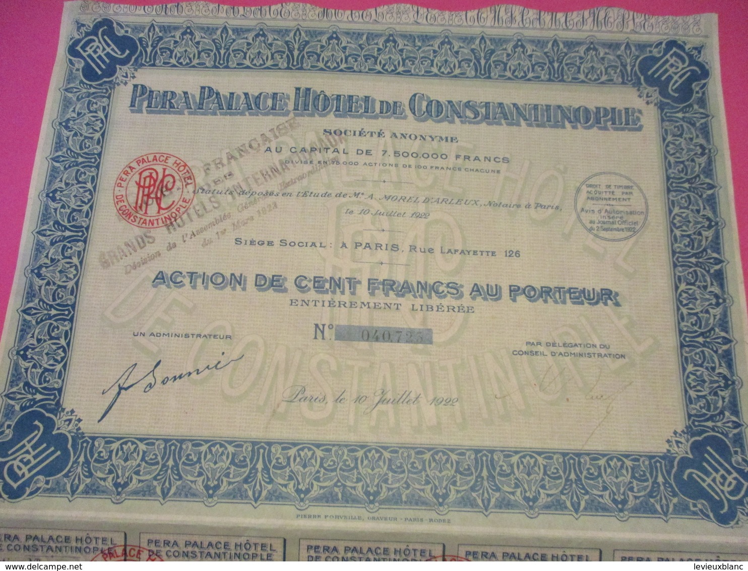 Action  De 100 Francs Au Porteur Entièrement Libérée /Pera Palace Hôtel De CONSTANTINOPLE /Forveille /Paris/1922 ACT167 - Turismo