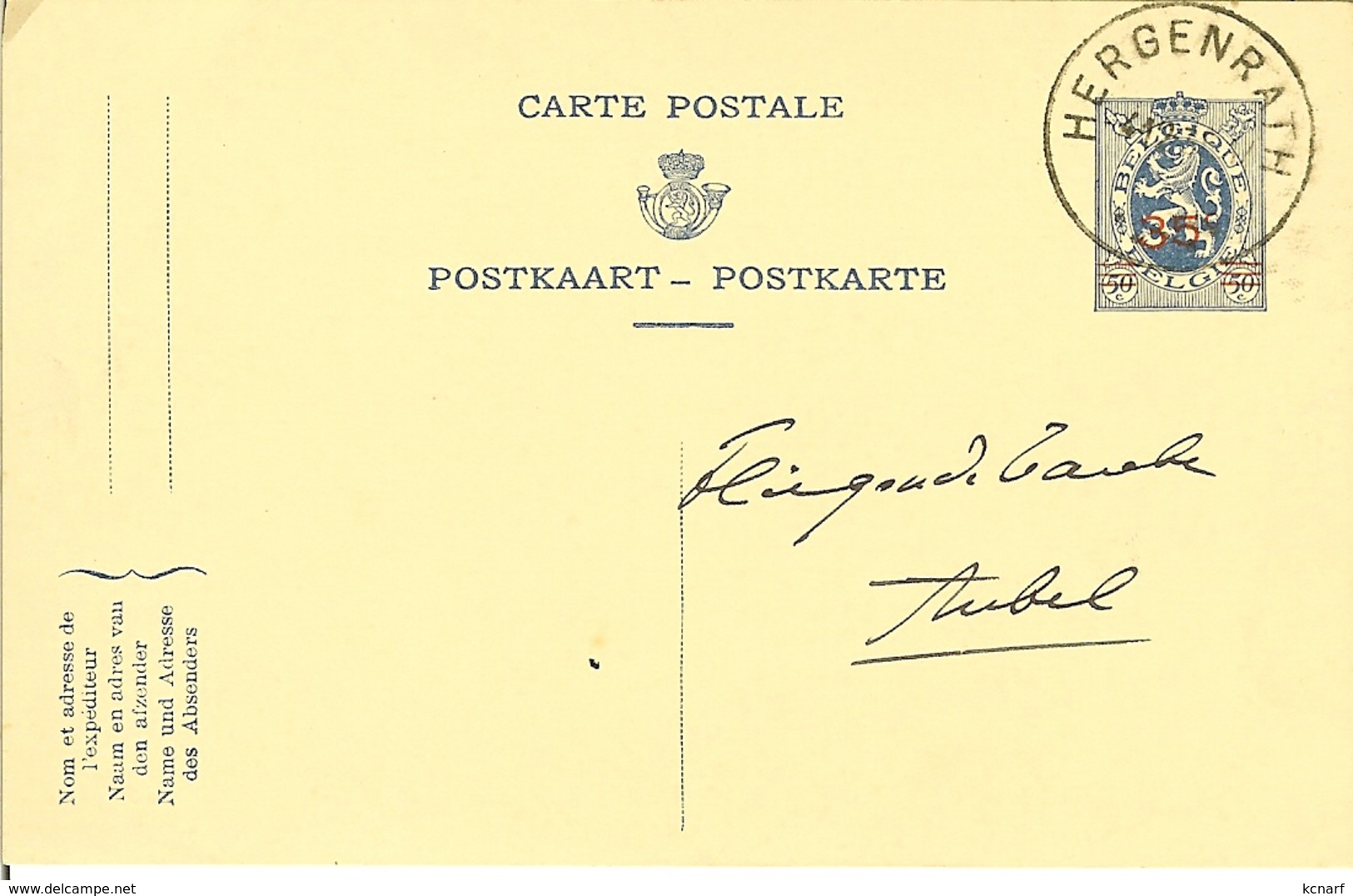 Carte Postale De HERGENRATH 1935 Pour AUBEL - Cartes Postales 1909-1934