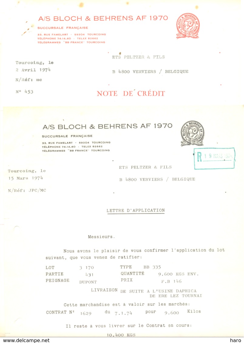 Lettres à Entête (2 Pièces) - A/S BLOCH & BEHRENS .TOURCOING 1974 - Copenhaghe (jm) - 1950 - ...