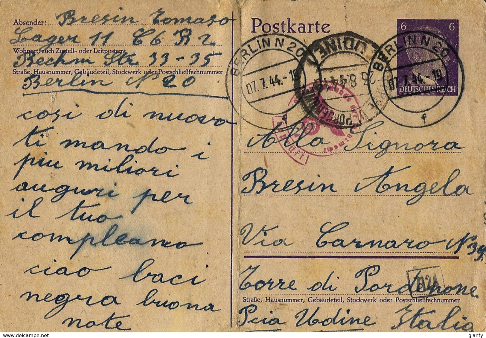 PRIGIONIERO LAVORATORE WERKLAGER BERLIN GERMANY 1944 PORDENONE TORRE - Military Mail (PM)