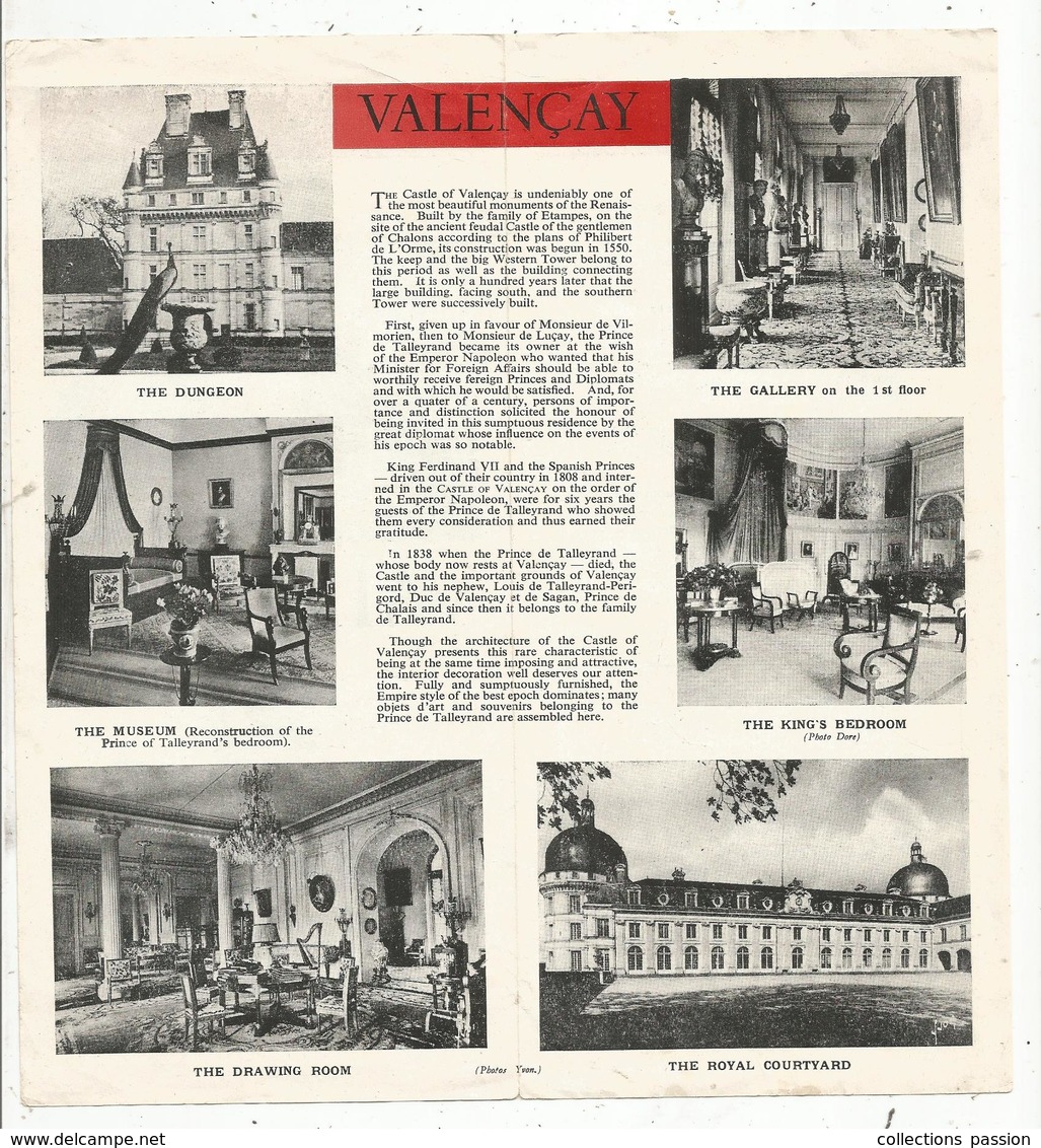 Dépliant Touristique , VALENCAY , Indre  , LOIRE VALLEY CASTLES ,4 Pages, 2 Scans , Frais Fr 1.45 E - Dépliants Touristiques