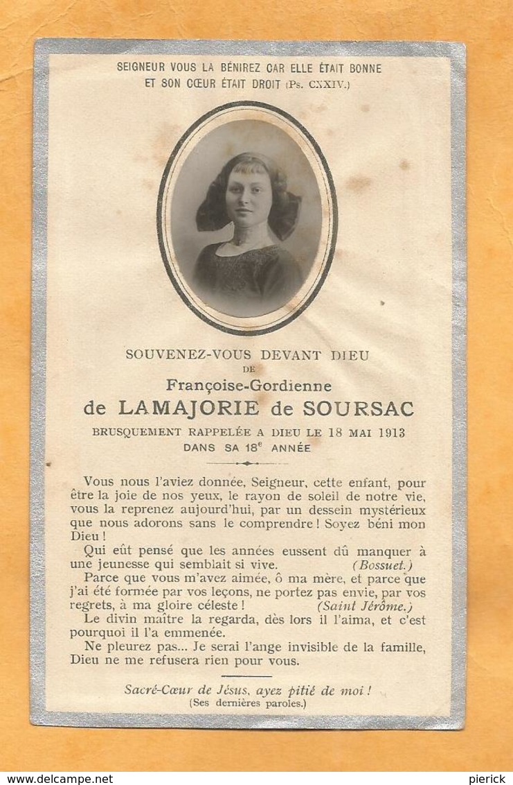 IMAGE GENEALOGIE FAIRE PART DECES  FRANCOISE GORDIENNE LAMAJORIE DE SOURSAC 1913 - Esquela