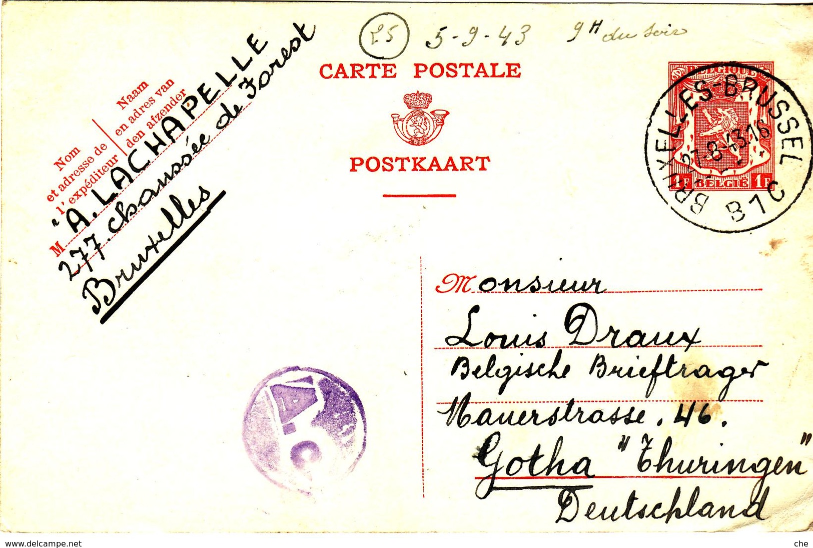 PRISONNIER DE GUERRE 40 45 ENTIER POSTAL BRUXELLES VERS STALAG LAGER THURINGEN  MARQUE DE CENSURE MANUELLE AC - Militares