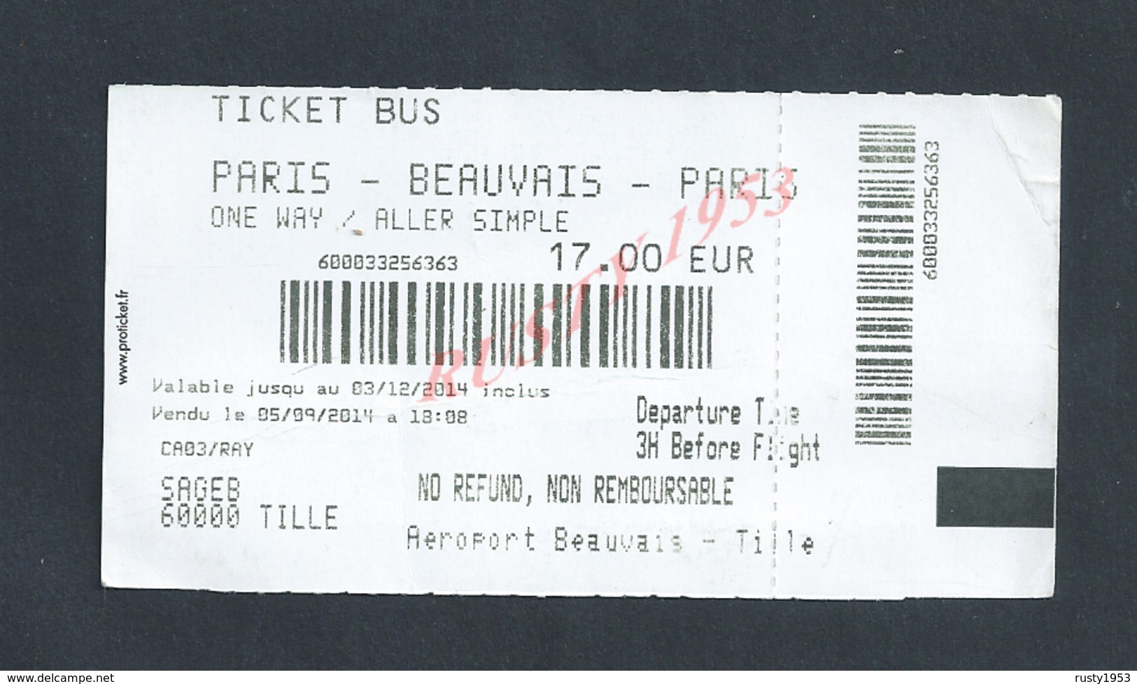 TICKET DE BUS PARIS BEAUVAIS SAGEB AÉROPORT BEAUVAIS : - Europe