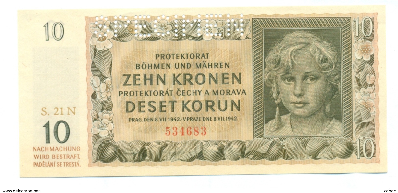 Čechya Morava, Deset Korun, 10 Korun, Zehn Kronen, PROTEKTORAT, 1942, SPECIMEN, S. 21N, Bohemia Moravia - Tchécoslovaquie