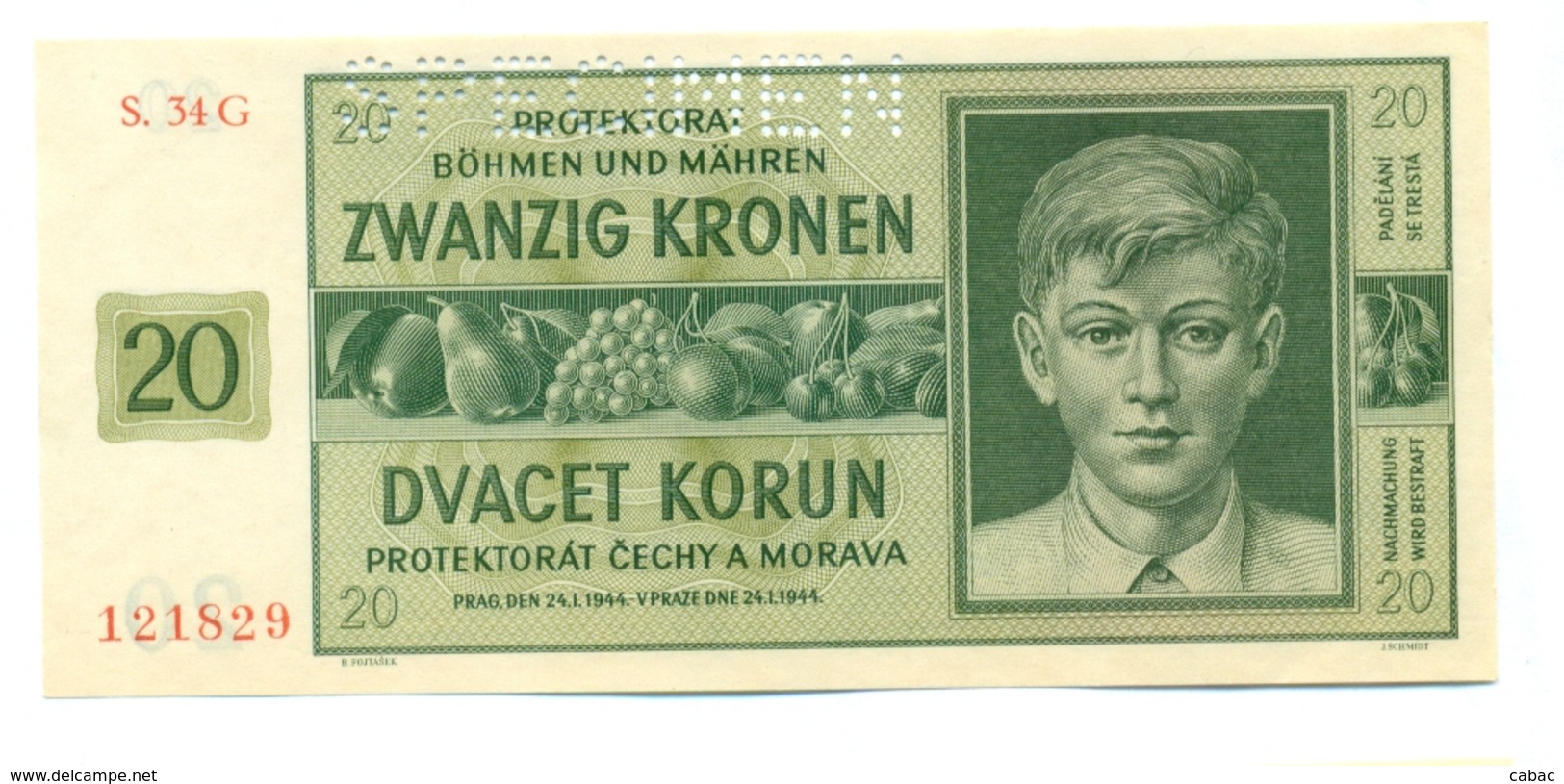 Čechya Morava, Dvacet Korun, 20 Korun, Zwanzig Kronen, PROTEKTORAT, 1944, SPECIMEN, S. 34G, Bohemia Moravia - Tchécoslovaquie