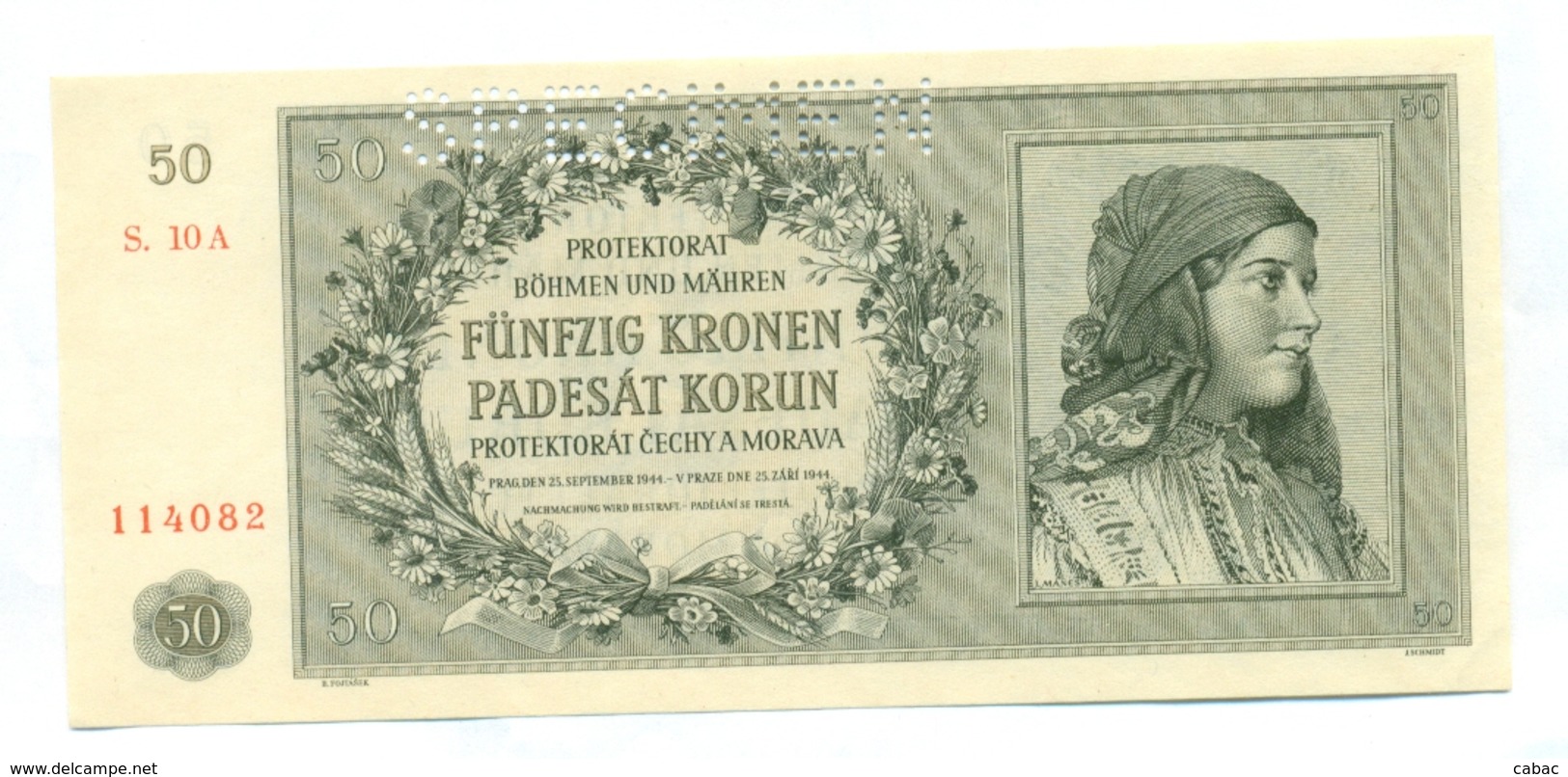 Čechya Morava, Padesat Korun, 50 Korun, Funfzig Kronen, PROTEKTORAT, 1944, SPECIMEN, S. 10A, Bohemia Moravia - Tchécoslovaquie