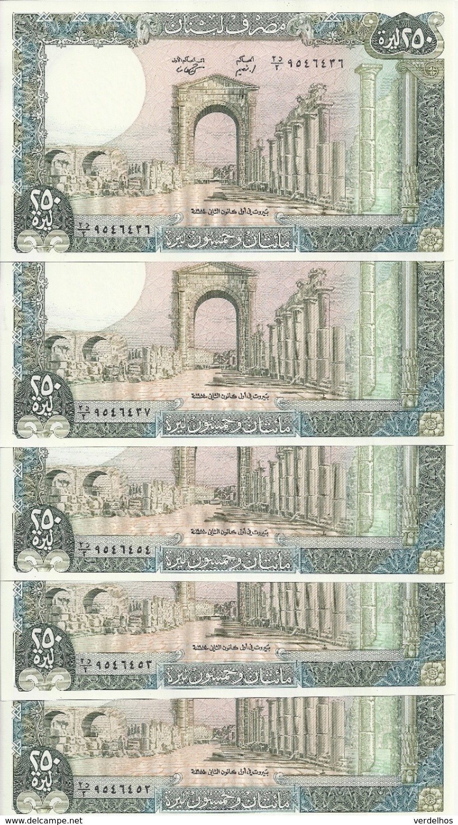 LIBAN  250 LIVRES 1988 UNC P 67 E ( 5 Billets ) - Liban