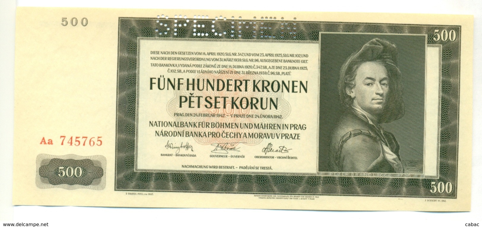 Čechya Morava, Petset Korun, 500 Korun, Funf Hundret Kronen, SPECIMEN, 1942 , Serie Aa, Bohemia Moravia - Tchécoslovaquie