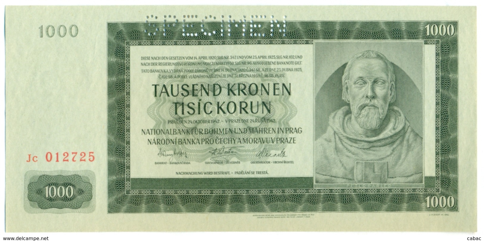 Čechya Morava, Tisict Korun, 1000 Korun, Tausend Kronen, SPECIMEN, 1942 , Serie Jc, Bohemia Moravia - Tchécoslovaquie