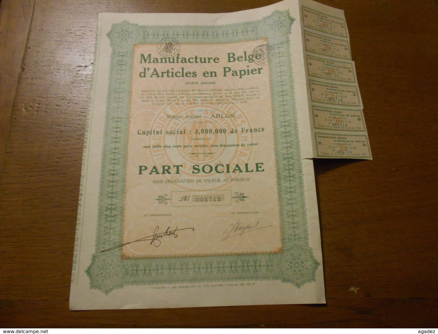 Part Sociale " Manufacture Belge D'articles En Papier "Arlon 1929 (Belgian Paper Industry).N° 003713. - Industrie