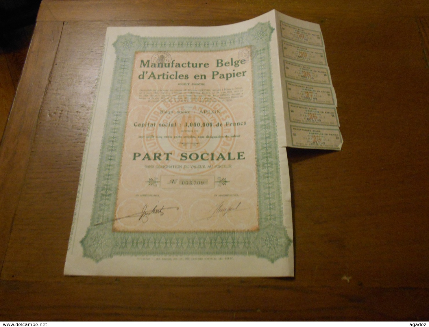 Part Sociale " Manufacture Belge D'articles En Papier "Arlon 1929 (Belgian Paper Industry).N° 003709. - Industrie