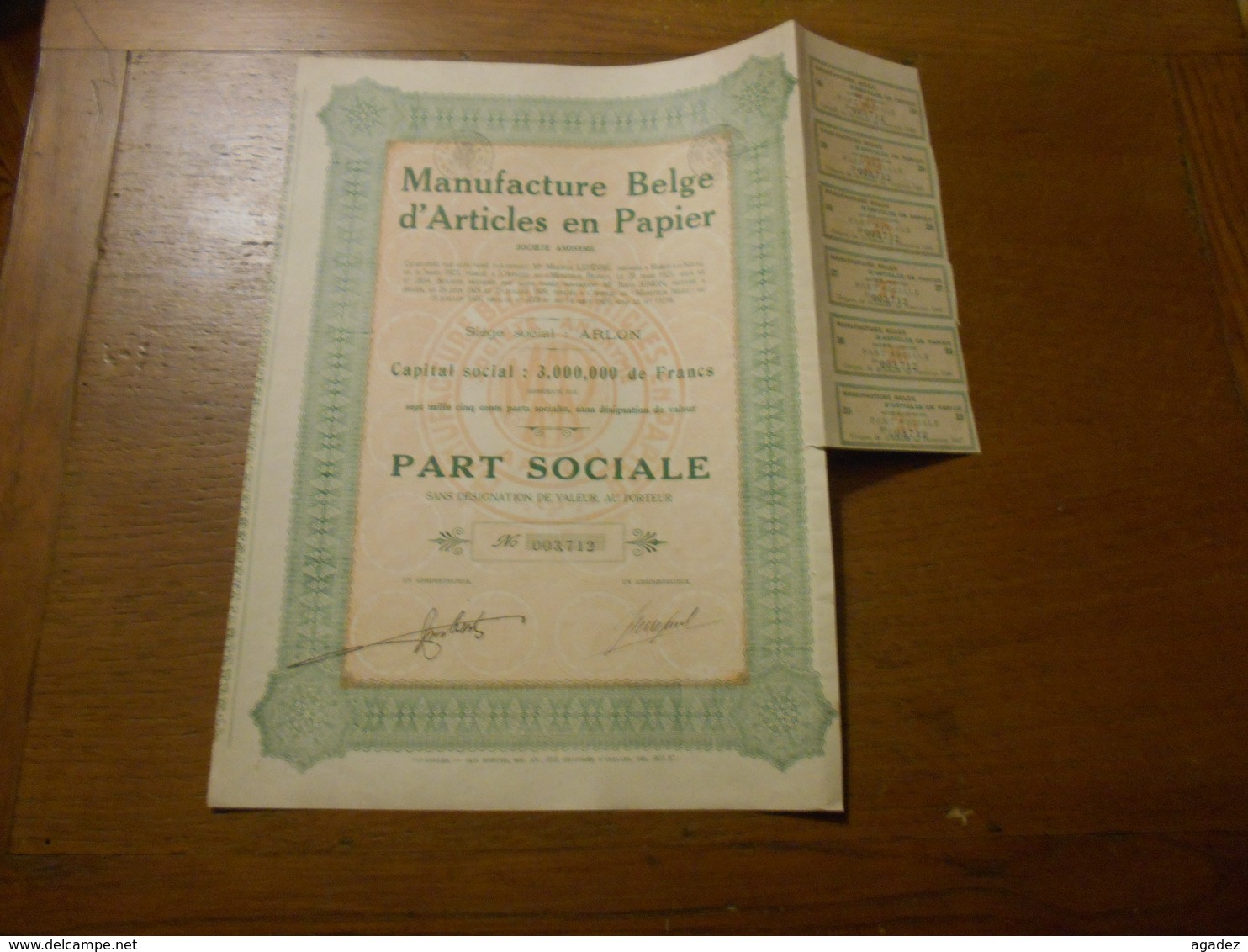 Part Sociale " Manufacture Belge D'articles En Papier "Arlon 1929 (Belgian Paper Industry).N° 003712. - Industrie