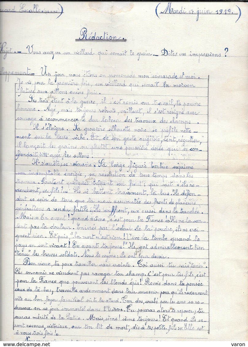 DEVOIR D'ECOLE 1919 - REDACTION :UN VIEILLARD DONT LES 2 FILS SONT A LA GUERRE -élève De 16 Ans - Diplômes & Bulletins Scolaires