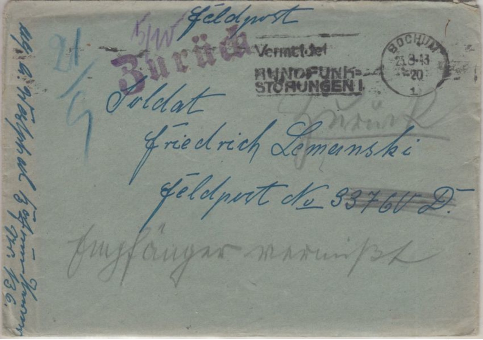 DR - Feldpostbrief Bochum - FpNr. 33760D 23.8.43 Zurück - Empfänger Vermisst - Briefe U. Dokumente