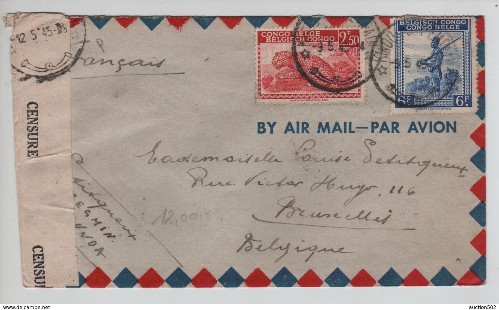 PR6297/ TP 244-261 S/L.Avion C.Kindu Port Empain 1945 Censure Congo Belge V.BXL Belgique Via Léo. - Cartas & Documentos