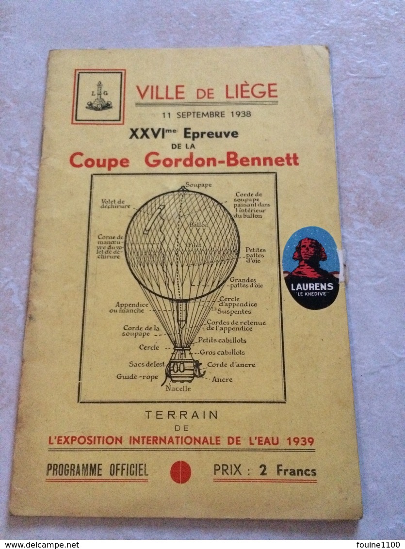 RARE Programme Officiel VILLE DE LIEGE 11 Septembre 1938 épreuve De La Coupe GORDON BENNETT Ballon Montgolfier - Programmes