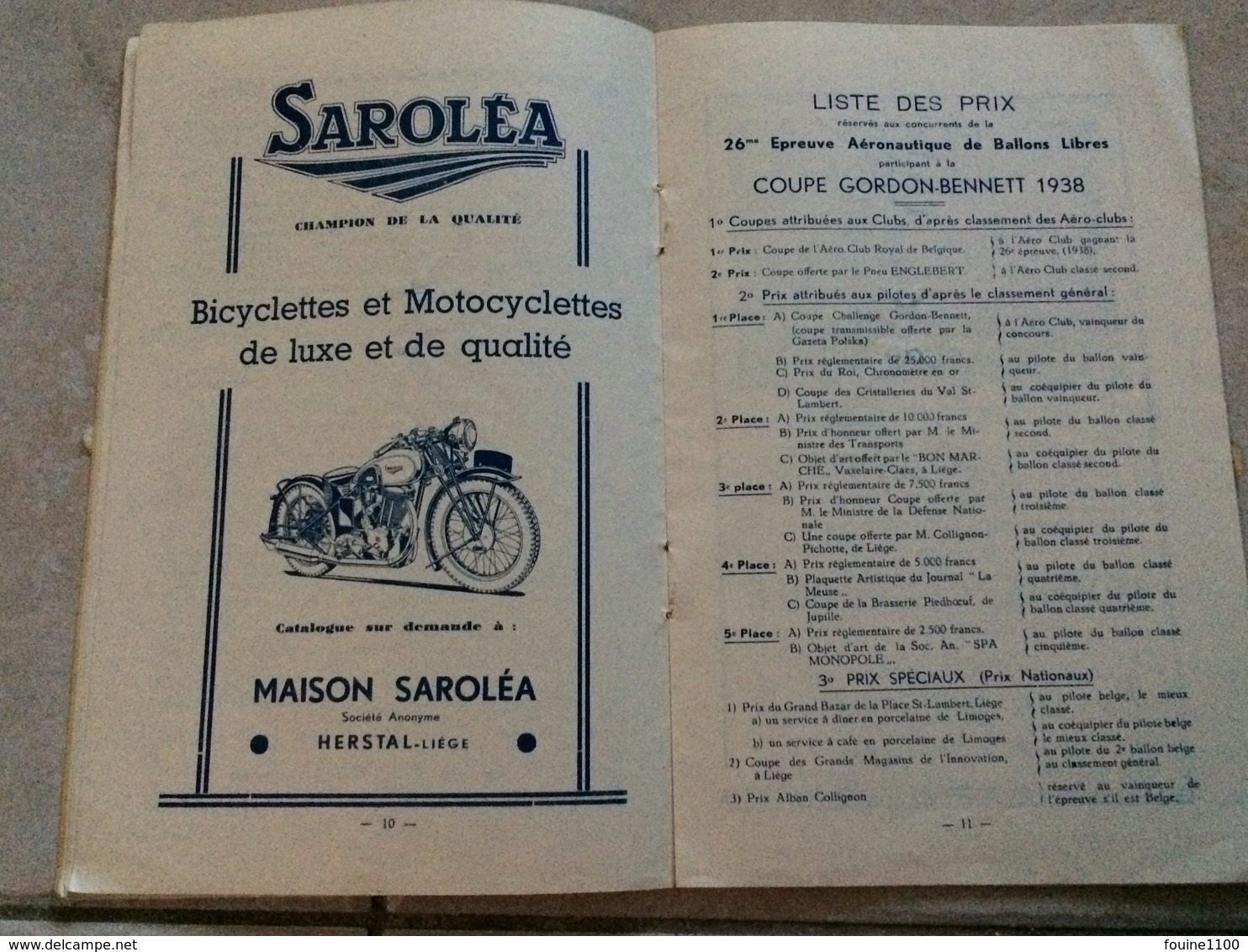 RARE Programme Officiel VILLE DE LIEGE 11 Septembre 1938 épreuve De La Coupe GORDON BENNETT Ballon Montgolfier - Programas