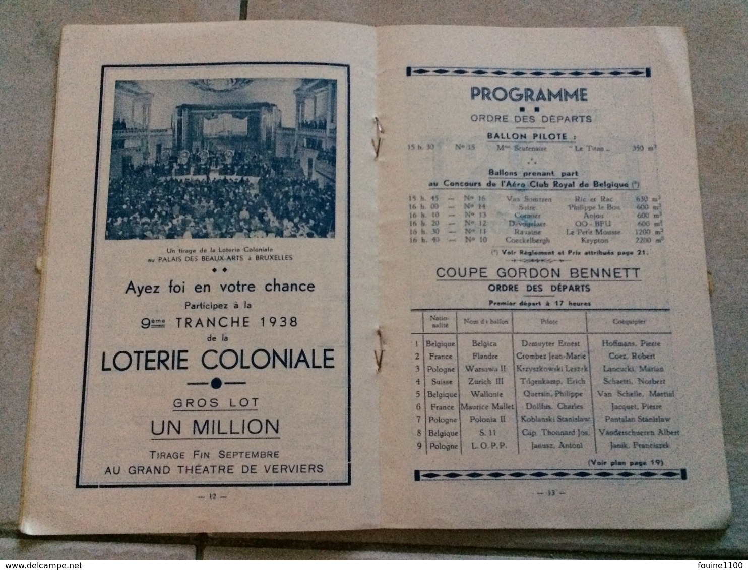 RARE Programme Officiel VILLE DE LIEGE 11 Septembre 1938 épreuve De La Coupe GORDON BENNETT Ballon Montgolfier - Programas
