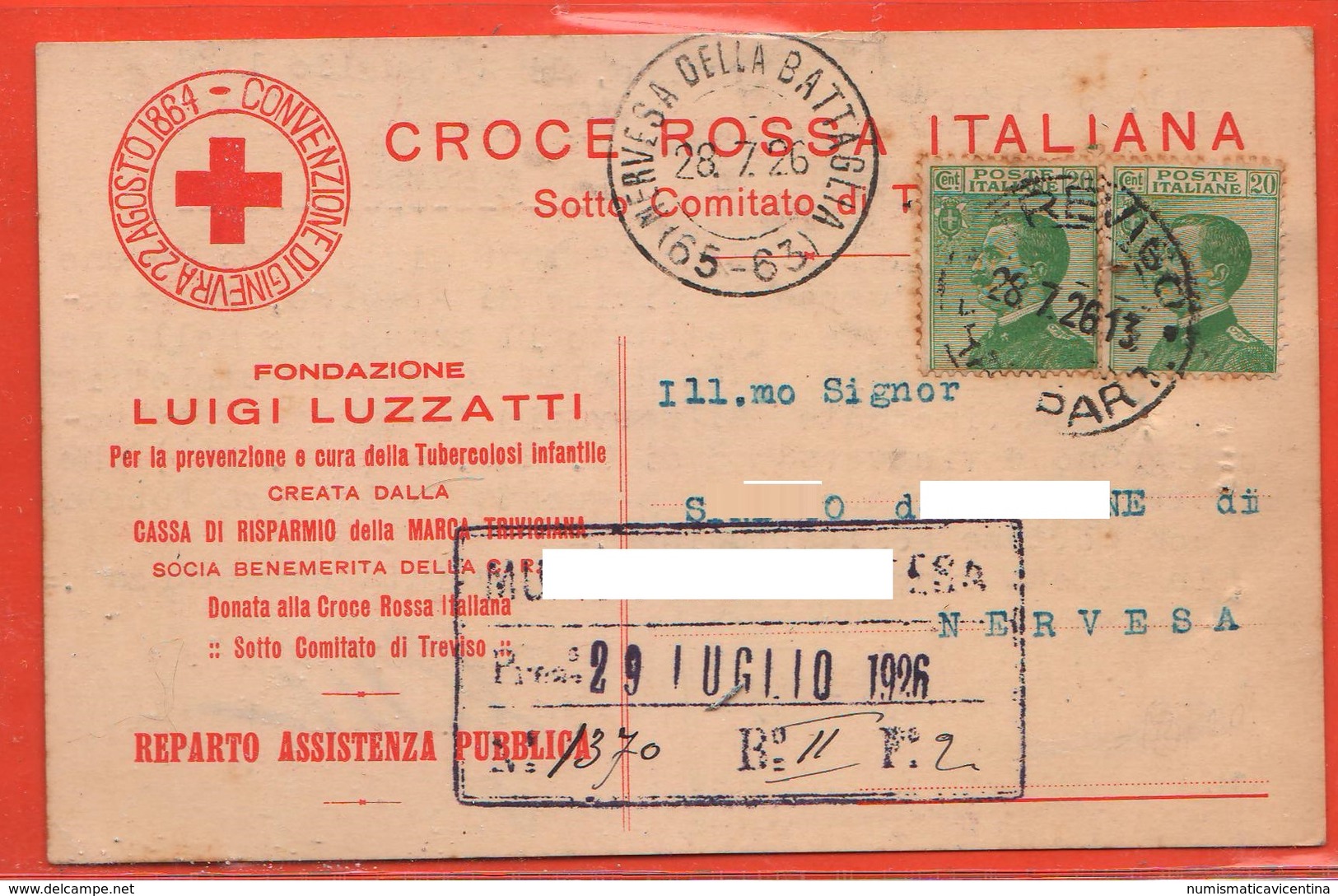 Cartolina Postale Croce Rossa Croix Rouge Red Cross Cpa 1926 X Nervesa Treviso - Guerra 1939-45