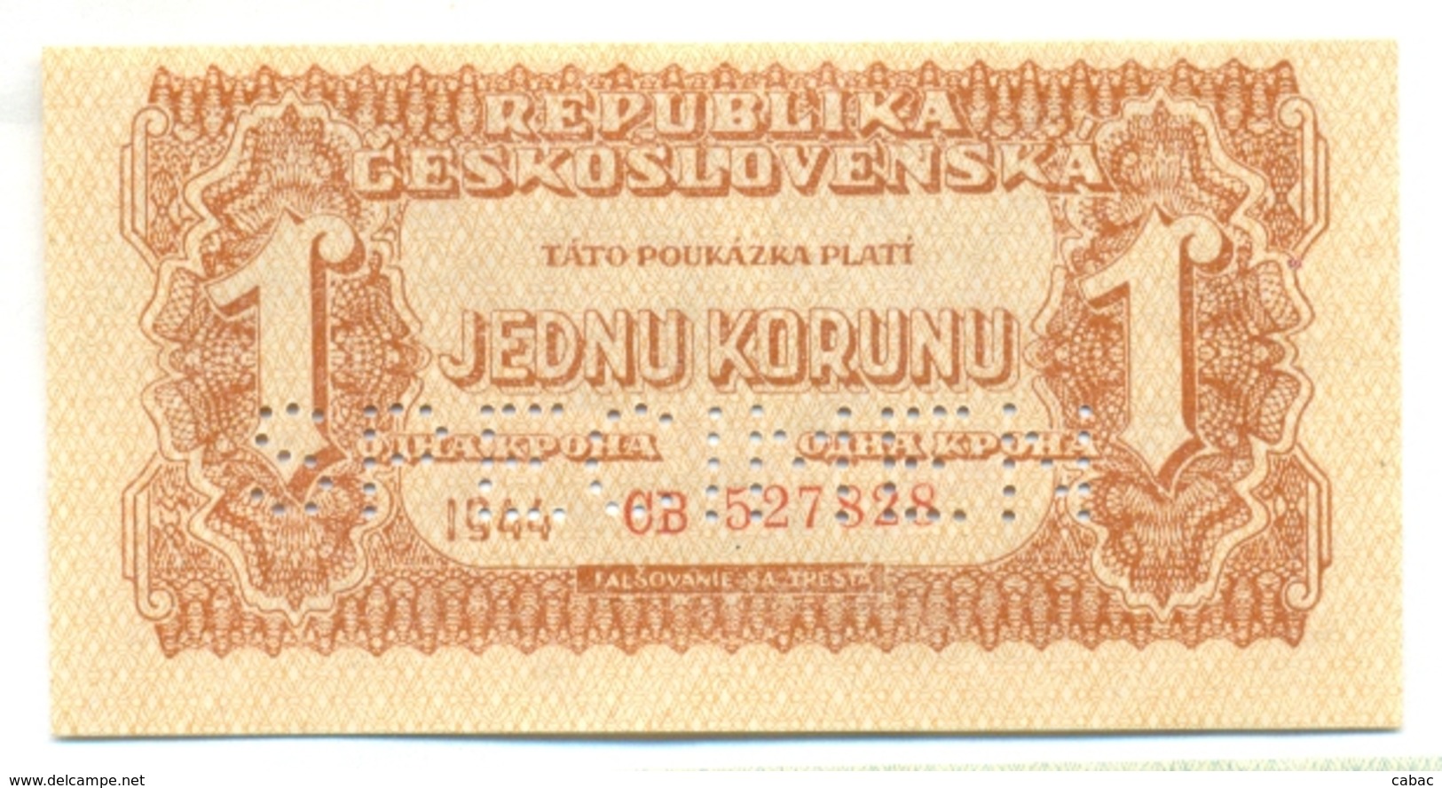 Czechoslovakia, 1 Koruna, SPECIMEN, 1944 , CB, Occupation, Ww2, Banknote, Czech, Slovakia, Bohemia, Moravia - Tchécoslovaquie