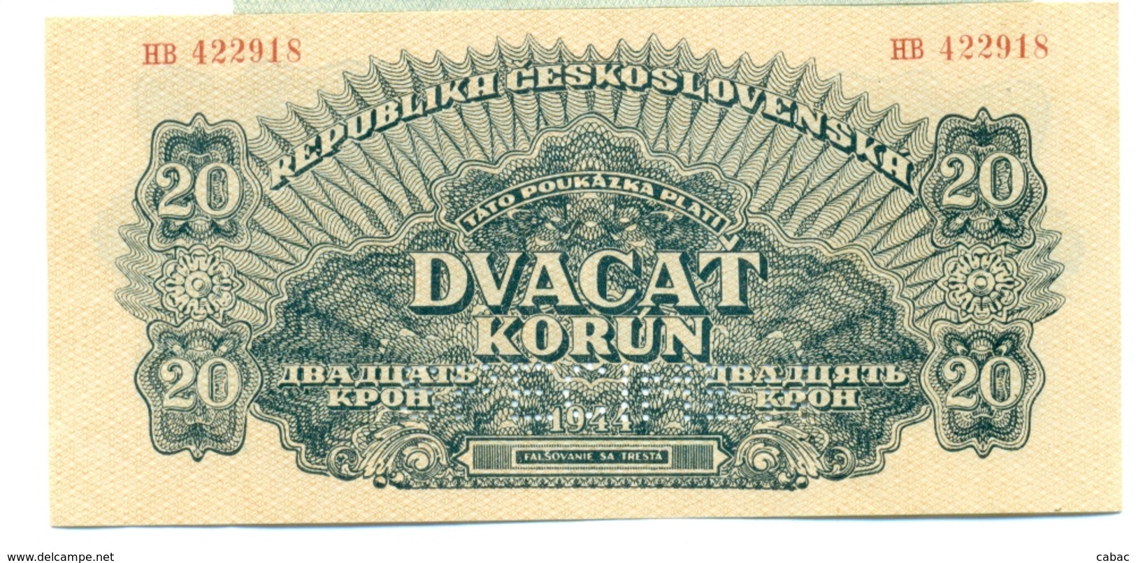 Czechoslovakia, 20 Korun, SPECIMEN, 1944, HB, Occupation, Ww2, Banknote, Czech, Slovakia, Bohemia, Moravia - Tchécoslovaquie