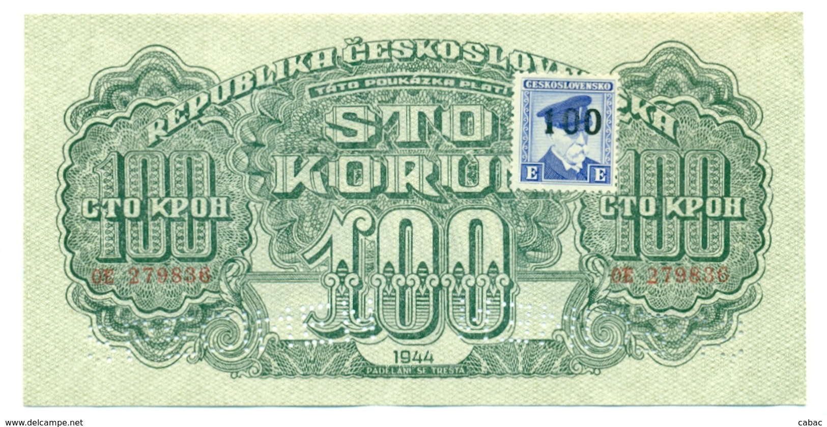 Czechoslovakia, 100 Korun, SPECIMEN, 1944, OE, With Stamp, Occupation, Ww2, Banknote, Czech, Slovakia, Bohemia, Moravia - Tchécoslovaquie