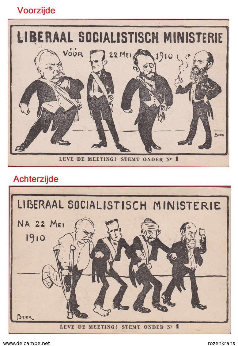 Politieke Satire Karikatuur Politiek  Figuren Emile Vandervelde Liberaal Socialistisch Ministerie 1910 Meeting Beer - Satiriques