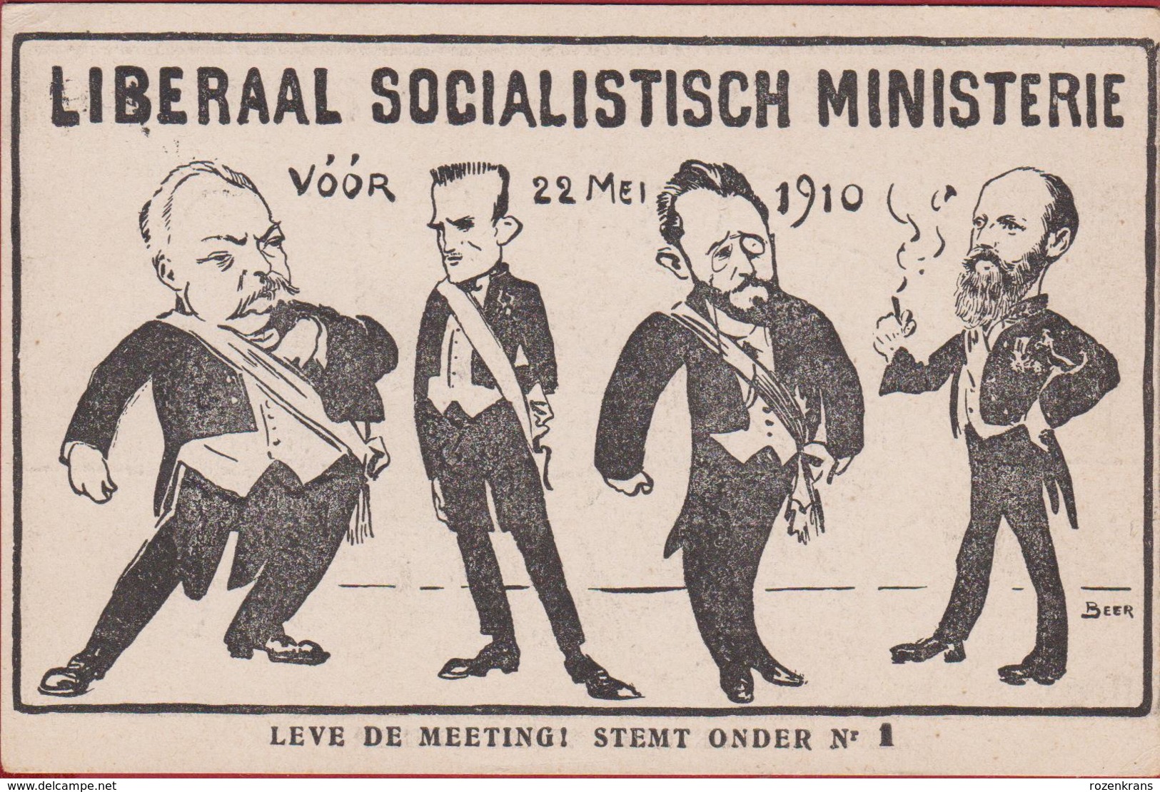 Politieke Satire Karikatuur Politiek  Figuren Emile Vandervelde Liberaal Socialistisch Ministerie 1910 Meeting Beer - Satiriques