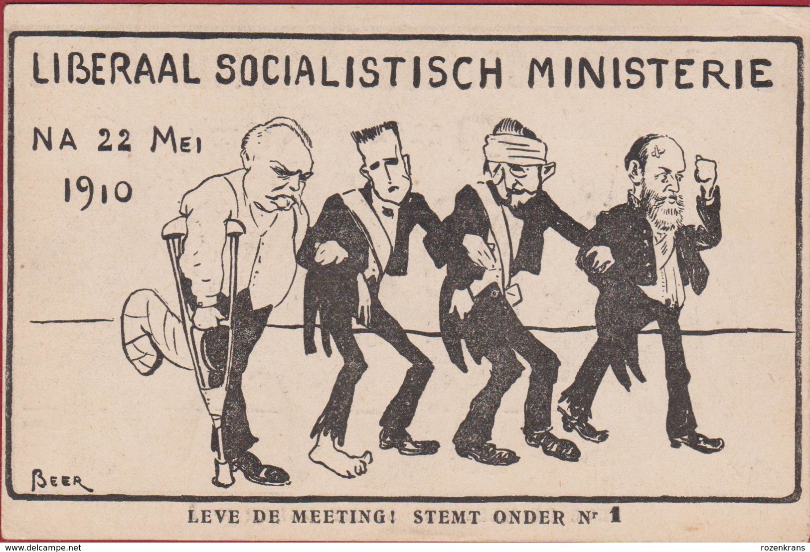 Politieke Satire Karikatuur Politiek  Figuren Emile Vandervelde Liberaal Socialistisch Ministerie 1910 Meeting Beer - Satiriques