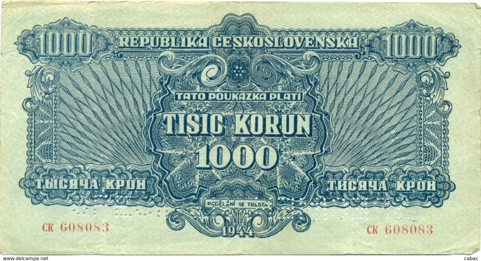 Czechoslovakia, 1000 Korun, SPECIMEN, 1944, CK, Occupation, Ww2, Banknote, Czech, Slovakia, Bohemia, Moravia - Tchécoslovaquie